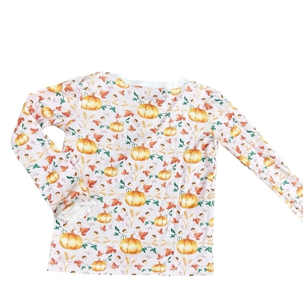 Smockingbird fall pumpkin print Pajama Set orange & White ruffle hems 5(girls)